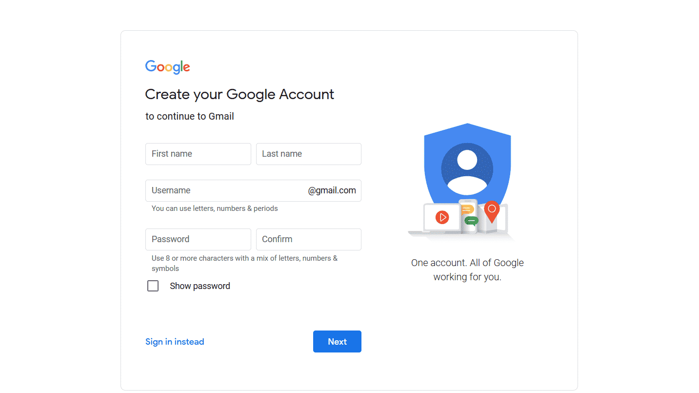 Create your Google Account के form में जानकारी भरें edited